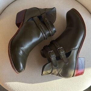 Cato Green and Brown Leather Ankle Boots with Buckle Strap